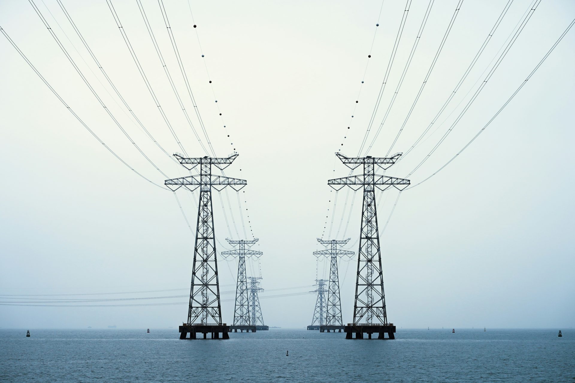 A couple of power poles sitting in the middle of a body of water